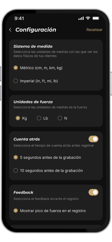 Configuración: unidades de fuerza, cuenta atrás, feedback...