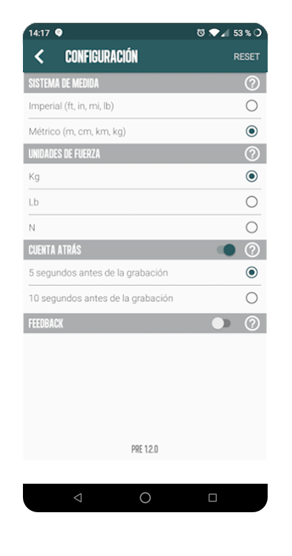 Configuración: unidades de fuerza, cuenta atrás, feedback...